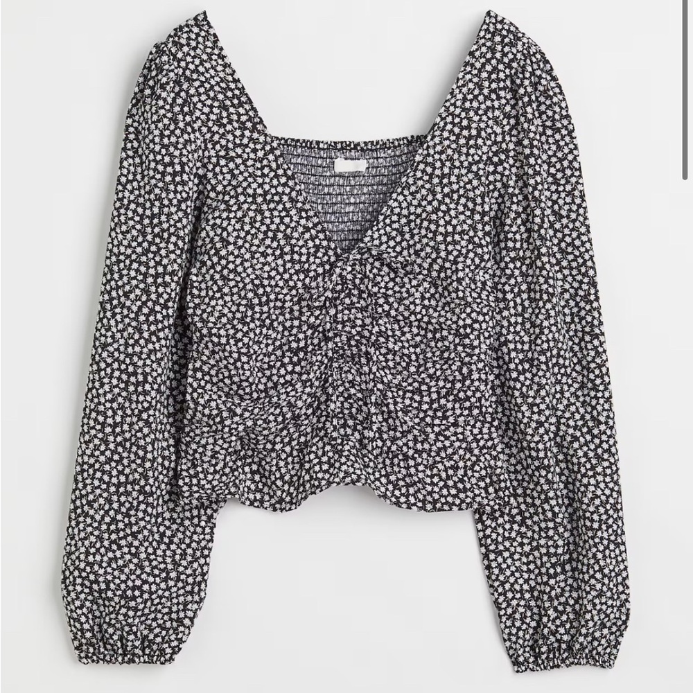 Floral Black and White Women's Draped Blouse